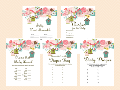 Baby Shower Games Printable Game Pack, Bird Baby Shower Games Printable, Neutral, Floral, whimsical Baby Shower Games Download TLC17