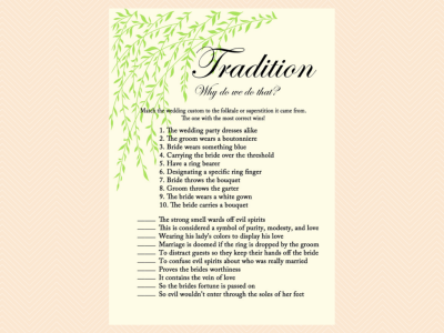 tradition, why do we do that, what's in ypur phone, Wishes for the bride and groom, Wishes for the couple Bridal Shower card, green willow tree Bridal Shower, Bachelorette, Wedding Shower BS35