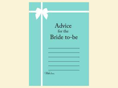 advice for bride card, tiffany blue, tiffany bridal shower games, breakfast at tiffanys bridal shower, tiffany blue bridal shower game pack, printable