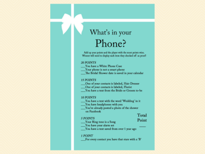 what's in your phone game, scramble, how well do you know the bride, who knows bride best, how to be a good wife guide, how old was bride, guess the age, finish bride's phrase, date night, bingo, apron game, advice for bride card, tiffany blue, tiffany bridal shower games, breakfast at tiffanys bridal shower
