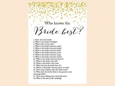 who knows the bride best, Gold Confetti Bridal Shower Game Set, Modern Bridal Shower Game Printable, Bachelorette Games, Wedding Shower Games, Metallic Gold Game BS46