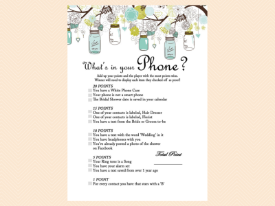 whats in your phone, purse game, cellphone, phone game, Mason Jars Bridal Shower Game printables, Unique Rustic Bridal Shower Games, Wedding Shower