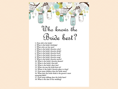 who knows the bride best, Mason Jars Bridal Shower Game printables, Unique Rustic Bridal Shower Games, Wedding Shower