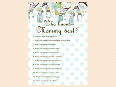 who knows mommy best, Mason Jars Baby Shower Games Printables, Neutral Baby Shower, Rustic Baby Shower Games, Boy Baby Shower Games, Girl Baby Shower, TLC16