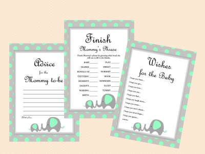 green elephant baby shower games pack, advice for mommy, wishes for baby, finish mama's phrase