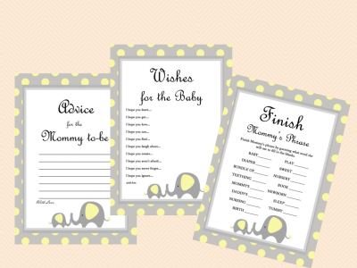 yellow elephant baby shower games pack, advice for mommy, wishes for baby, finish mama's phrase