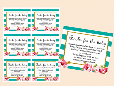 BOOKS FOR BABY, Teal and White Stripes, Floral Chic Baby Shower Games Printables, Game Pack, Teal Baby Shower, Gold Glitter, TLC40