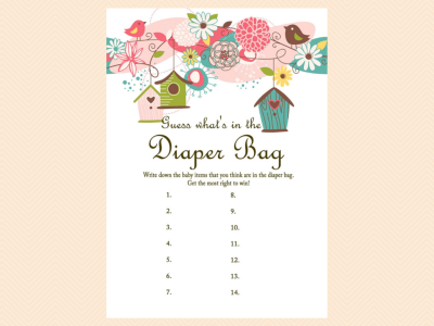 what's in the diaper bag, Baby Shower Games Printable Game Pack, Bird Baby Shower Games Printable, Neutral, Floral, whimsical Baby Shower Games Download