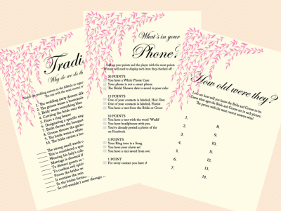 What's in your phone, cellphone game, phone Game, Bridal Shower game, pink willow tree Bridal Shower, Bachelorette, Wedding Shower BS35