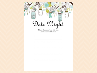 date night ideas card, Mason Jars Bridal Shower Game printables, Unique Rustic Bridal Shower Games, Wedding Shower