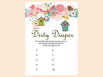 dirty diaper, Baby Shower Games Printable Game Pack, Bird Baby Shower Games Printable, Neutral, Floral, whimsical Baby Shower Games Download