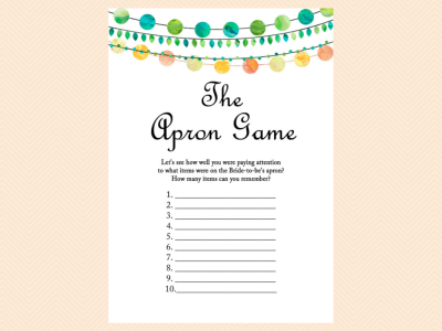 apron game, advice cards, bingo, date night, kisses, purse game, phone game, wishes, movie quotes, tradition, why do we that, Emerald Bridal Shower Game Printables, Green, Yellow, Orange Colors, Wedding Strings, Bachelorette, Wedding Shower Games BS45