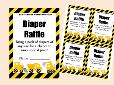 diaper raffle card and sign, construction baby shower game printables, instant download