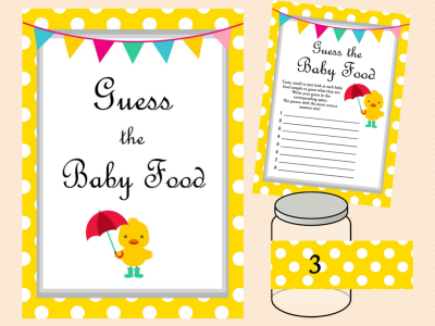 Duck Theme Baby Shower Game Pack, Neutral, duck theme, Whimsical Duck Baby Shower Games Printables, yellow polka dots TLC30, guess the baby food game