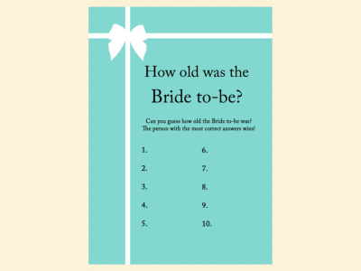 how old was bride, guess the age, finish bride's phrase, date night, bingo, apron game, advice for bride card, tiffany blue, tiffany bridal shower games, breakfast at tiffanys bridal shower