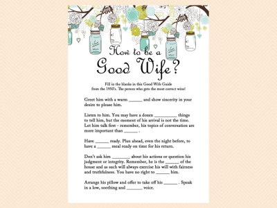 how to be a good wife, Mason Jars Bridal Shower Game printables, Unique Rustic Bridal Shower Games, Wedding Shower