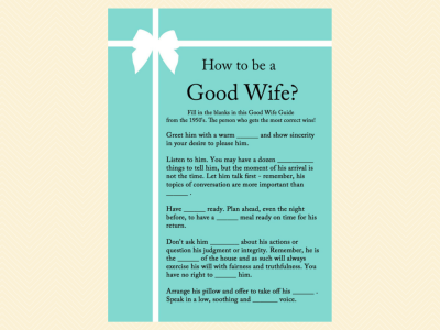 how to be a good wife guide, how old was bride, guess the age, finish bride's phrase, date night, bingo, apron game, advice for bride card, tiffany blue, tiffany bridal shower games, breakfast at tiffanys bridal shower