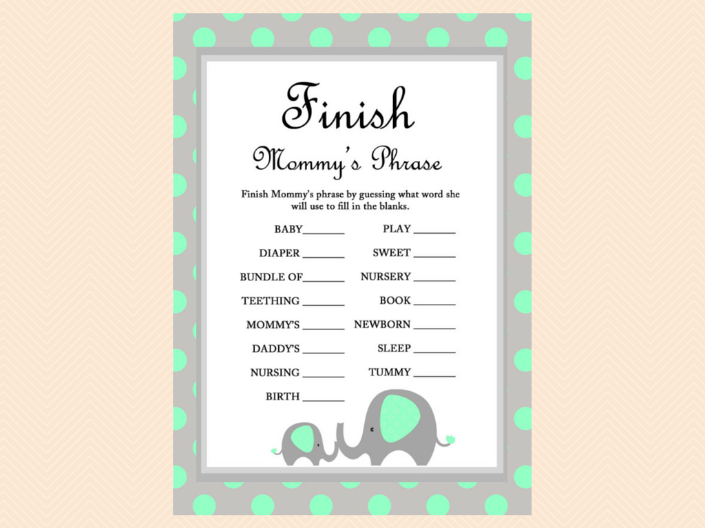 Green Elephant Baby shower Games - Magical Printable