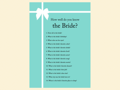 how well do you know the bride, who knows bride best, how to be a good wife guide, how old was bride, guess the age, finish bride's phrase, date night, bingo, apron game, advice for bride card, tiffany blue, tiffany bridal shower games, breakfast at tiffanys bridal shower