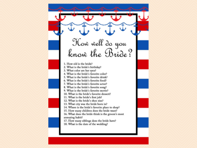 how well do you know the bride, Nautical Bridal Shower Game Printable Packages, Nautical Bridal Shower Games, Beach, Red and Navy Modern Bridal Shower Games Printables, Bachelorette, Wedding Shower Games BS37