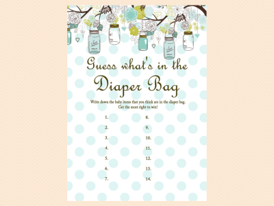 guess what's in the diaper bag, Mason Jars Baby Shower Games Printables, Neutral Baby Shower, Rustic Baby Shower Games, Boy Baby Shower Games, Girl Baby Shower, TLC16