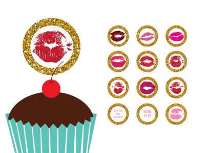 FREE kiss the single life goodbye, kiss the miss goodbye, cupcake toppers, cupcake labels, bridal shower cupcake toppers, labels, gold glitter