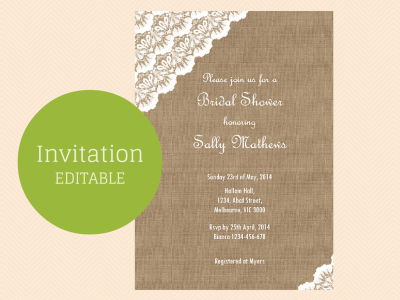 Editable Baby Shower Invitations, Editable Bridal Shower Invitations, Editable Birthday Party Invitation, Burlap and Lace, Shabby BS34 TLC11