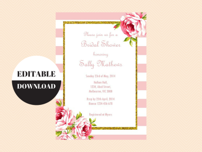 Editable Baby Shower Invitations, Editable Bridal Shower Invitations, Editable Birthday Party Invitation, Pink Stripes, Floral BS11