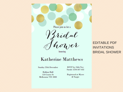 Editable Bridal Shower Invitations, Mint and Gold Confetti Bridal Shower Invitations, Modern Chic Bridal Shower, BS47