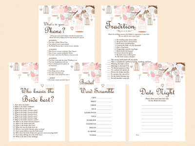 Pink Bridal Shower Game Printables Pack, Bachelorette Games, Birdcage, Bird, Outdoor, Rustic Wedding Shower Games BS42