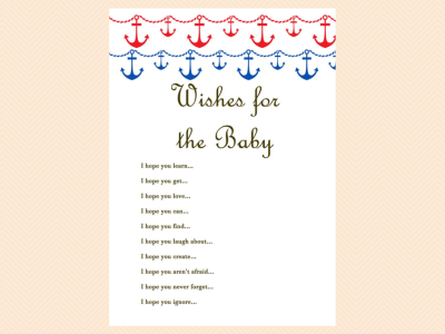 WISHES FOR BABY, Nautical, Beach Baby Shower Games Printables, Instant download, Anchor, Sea Theme, Blue Red, Unique Baby Shower Games TLC13