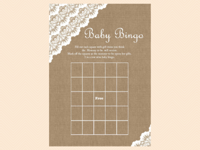 baby bingo, Burlap & Lace Rustic Baby Shower Games Printable