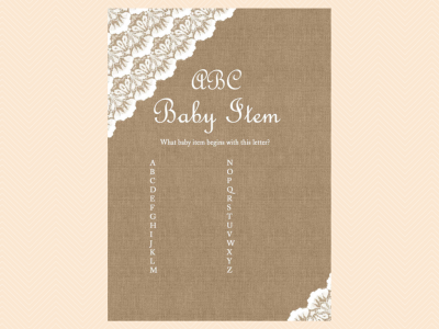 baby item, Burlap & Lace Rustic Baby Shower Games Printable