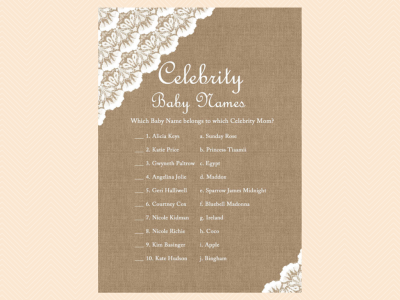 celebrity baby names, celebrity moms, Burlap & Lace Rustic Baby Shower Games Printable