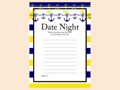 date night idea card, yellow, blue, navy nautical bridal shower game pack, beach, sea