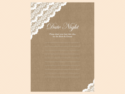 date night ideas cards, Burlap, and Lace, Rustic Unique Bridal Shower Games, Games, Wedding Shower Games BS34