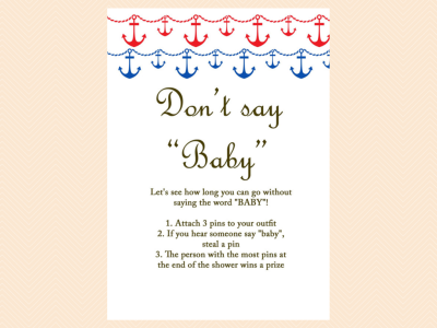 don't say baby, Nautical, Beach Baby Shower Games Printables, Instant download, Anchor, Sea Theme, Blue Red, Unique Baby Shower Games TLC13