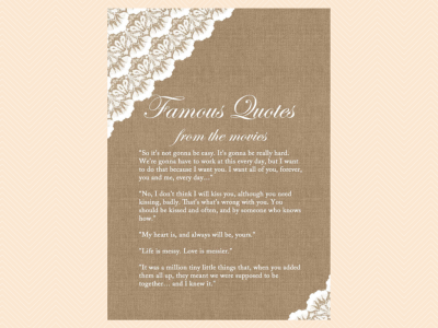 famous quotes from movies, Burlap, and Lace, Rustic Unique Bridal Shower Games, Games, Wedding Shower Games BS34