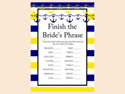 finish bride's phrase,  yellow, blue, navy nautical bridal shower game pack, beach, sea
