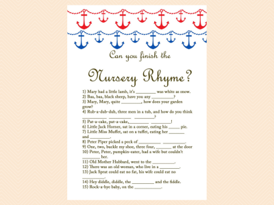 finish the nursery rhyme, Nautical, Beach Baby Shower Games Printables, Instant download, Anchor, Sea Theme, Blue Red, Unique Baby Shower Games TLC13