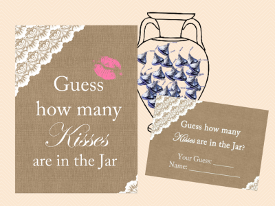 guess how many kisses, how many candy in jar, chocolate, Burlap, Lace, Rustic Unique Bridal Shower Games, Games, Wedding Shower Games BS34