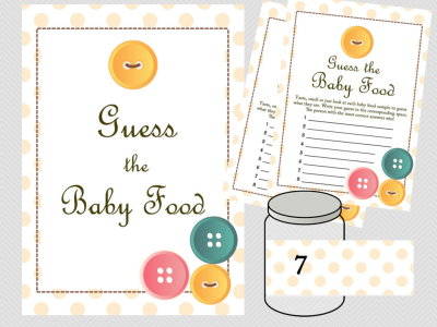 guess the baby food label, sign, cards, cute as a button baby shower theme