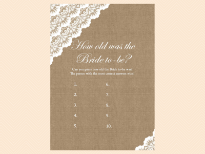 how old was the bride to be, picture game, guess the age, Burlap, and Lace, Rustic Unique Bridal Shower Games, Games, Wedding Shower Games BS34
