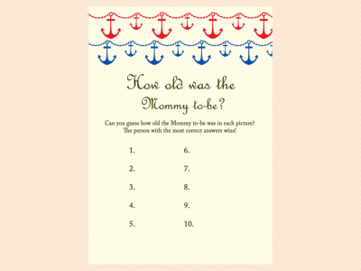 how old was the mommy to be, Nautical, Beach Baby Shower Games Printables, Instant download, Anchor, Sea Theme, Blue Red, Unique Baby Shower Games TLC13