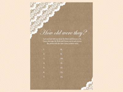 how old were they, Burlap, and Lace, Rustic Unique Bridal Shower Games, Games, Wedding Shower Games BS34