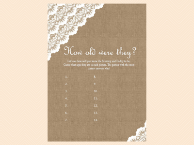 how old were they, picture game, Burlap & Lace Rustic Baby Shower Games Printable