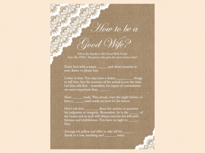 how to be a good wife guide from 1950, Burlap, and Lace, Rustic Unique Bridal Shower Games, Games, Wedding Shower Games BS34
