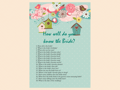 how well do you know the bride, Bird Bridal Shower Games, Love Birds, Teal Bachelorette, Wedding Shower Games BS36
