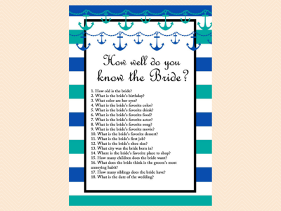 how well do you know the bride, who knows groom best,  teal, blue, white stripes nautical bridal shower games, printable, anchor (2)
