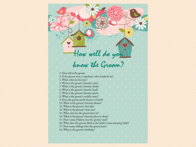 how well do you know the groom, Bird Bridal Shower Games, Love Birds, Teal Bachelorette, Wedding Shower Games BS36